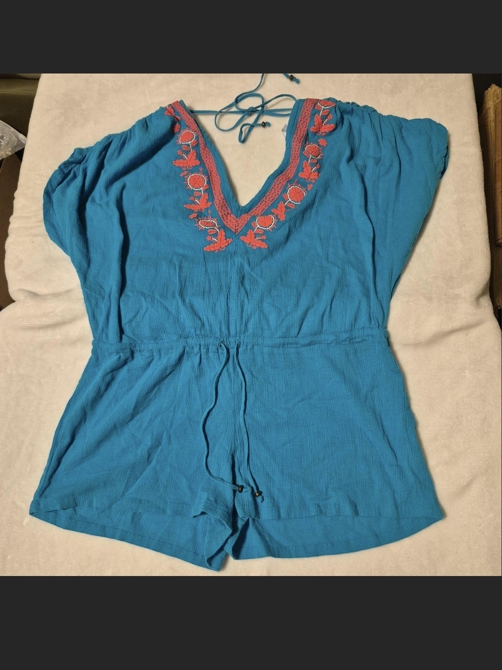 Miken Teal Romper with Coral Embroidered V-Neck